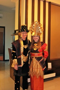 My Uncle Tom and I dressed up in traditional Indonesia clothes for a Town Hall dinner!
