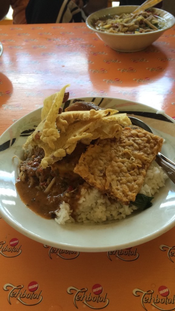 Nasi pecel <3 <3 rice, spinach, chicken, and tempe smothered in peanut sauce... my favorite dish
