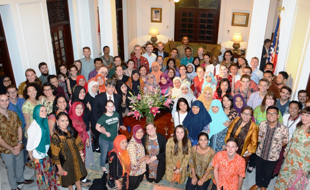 The group of ETAs and coteachers at the US Embassy Chief of Mission's Residence